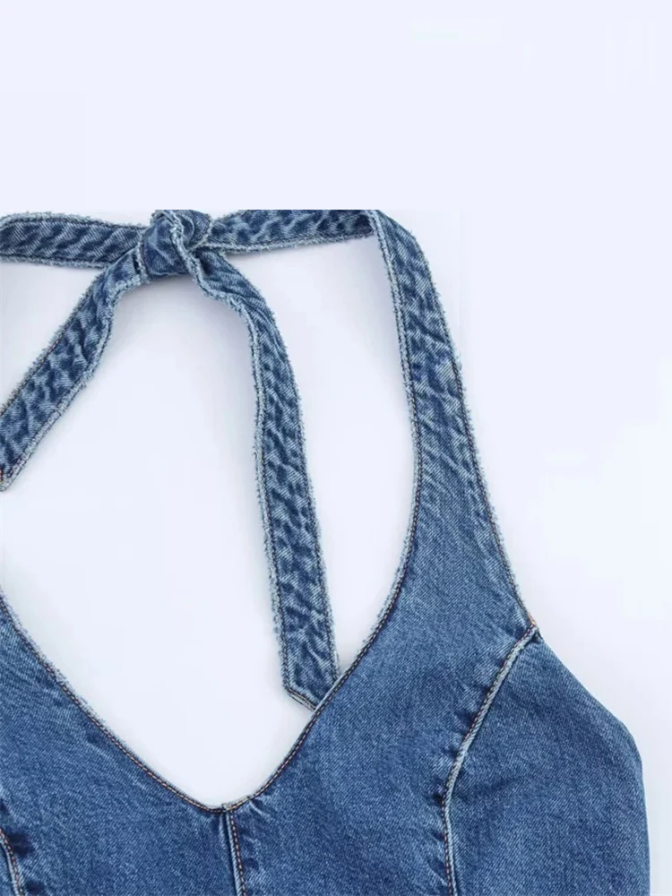 Donna Sexy Hanging Neck Backless Denim One-piece Shorts Estate Nuovo Y2K Waisted Slim High Street V-Neck One-piece Pants