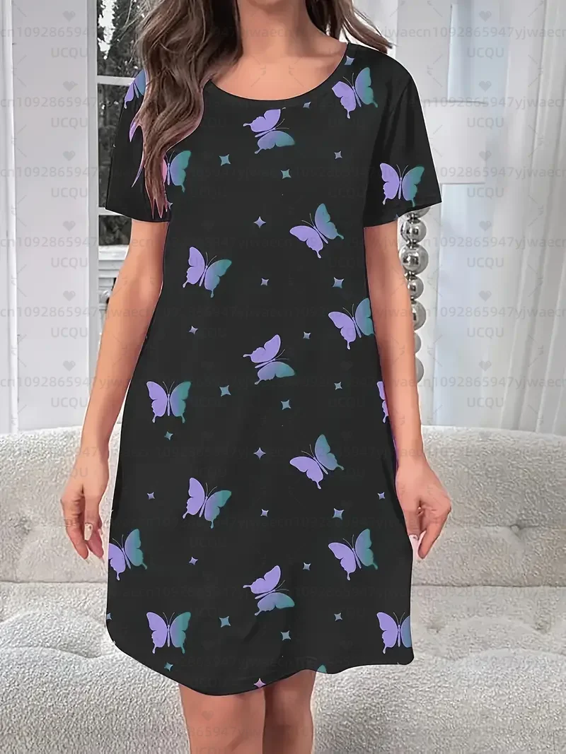 夏の女性の Tシャツドレスプラスサイズカジュアル蝶プリントプリント O ネックレディ半袖プルオーバーナイトドレス女性服