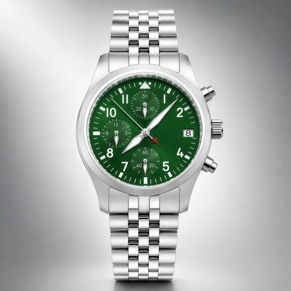 

LARIMOKER 38mm Men's Pilot Chronograph Watch VK67 Quartz Sapphire Crystal Stainless Steel GreenLuminous Dial Aviation Wristwatch