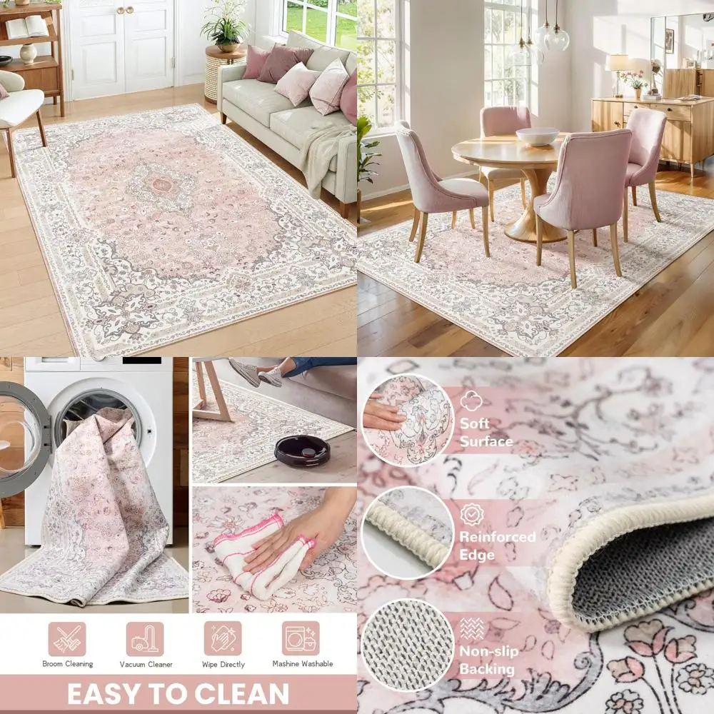 

Vintage Boho Style 5x7 Rugs in Pink, Washable and Non-Slip for Living Room, Bedroom, Kitchen, and Office, Soft and Stain Resista