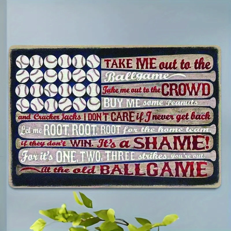 Vintage Baseball Flag Metal Wall Art, Take Me Out to the Ball Game Sign, Rustic Iron Sport Decor for Man Cave Bedroom Sports Roo