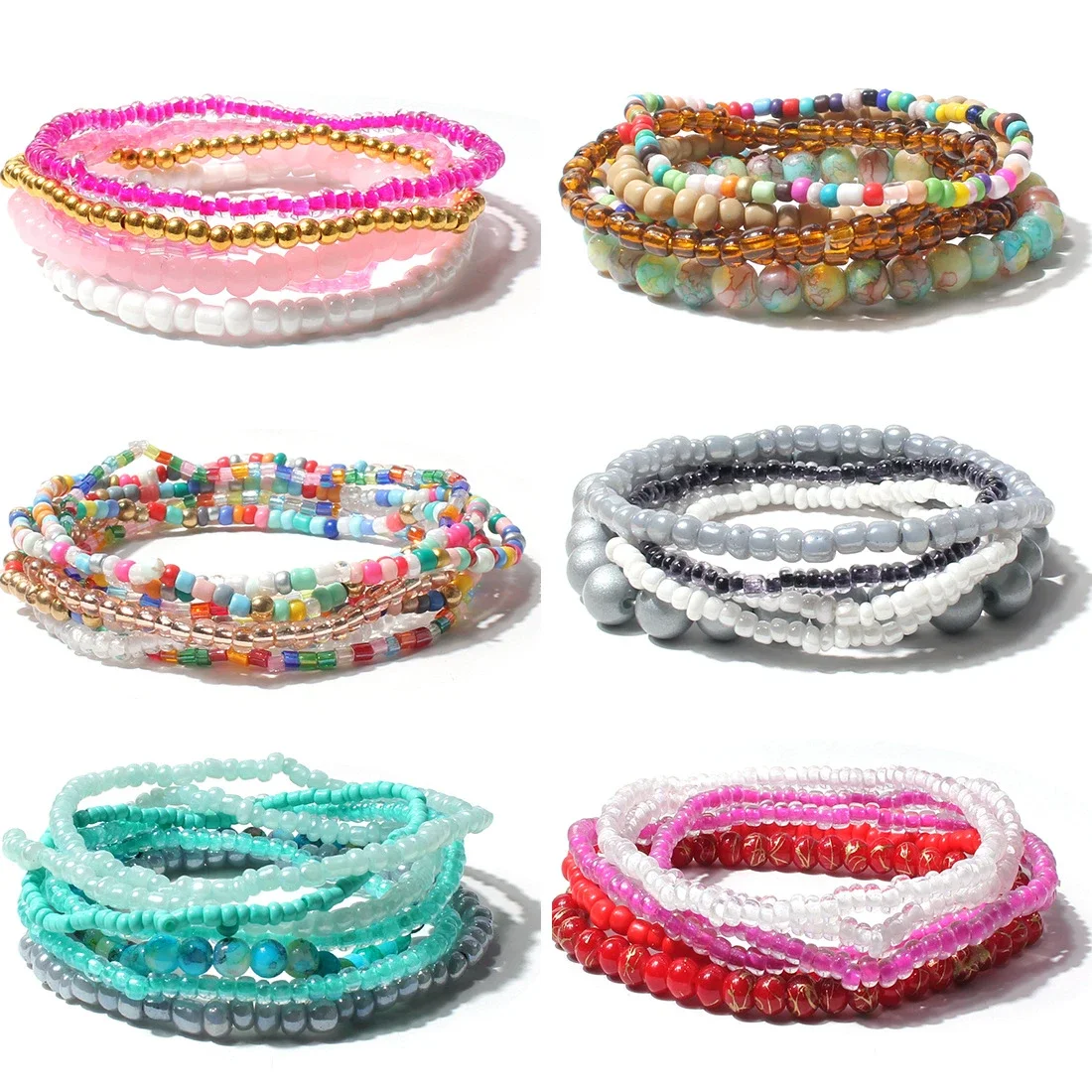 Bohemian Handmade Multi-layer Beads Elastic Bracelet Set For Women Summer Colorful Beaded Chain Bangle Girls Boho Jewelry Gifts