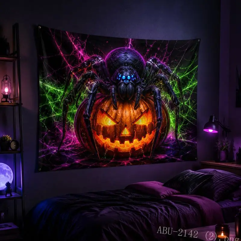 VIKAMA UV Blacklight Tapestry Scary Halloween Ghost Pumpkin Psychedelic Glow Wall Hanging Dorm Bedroom E-Sports Home Decor