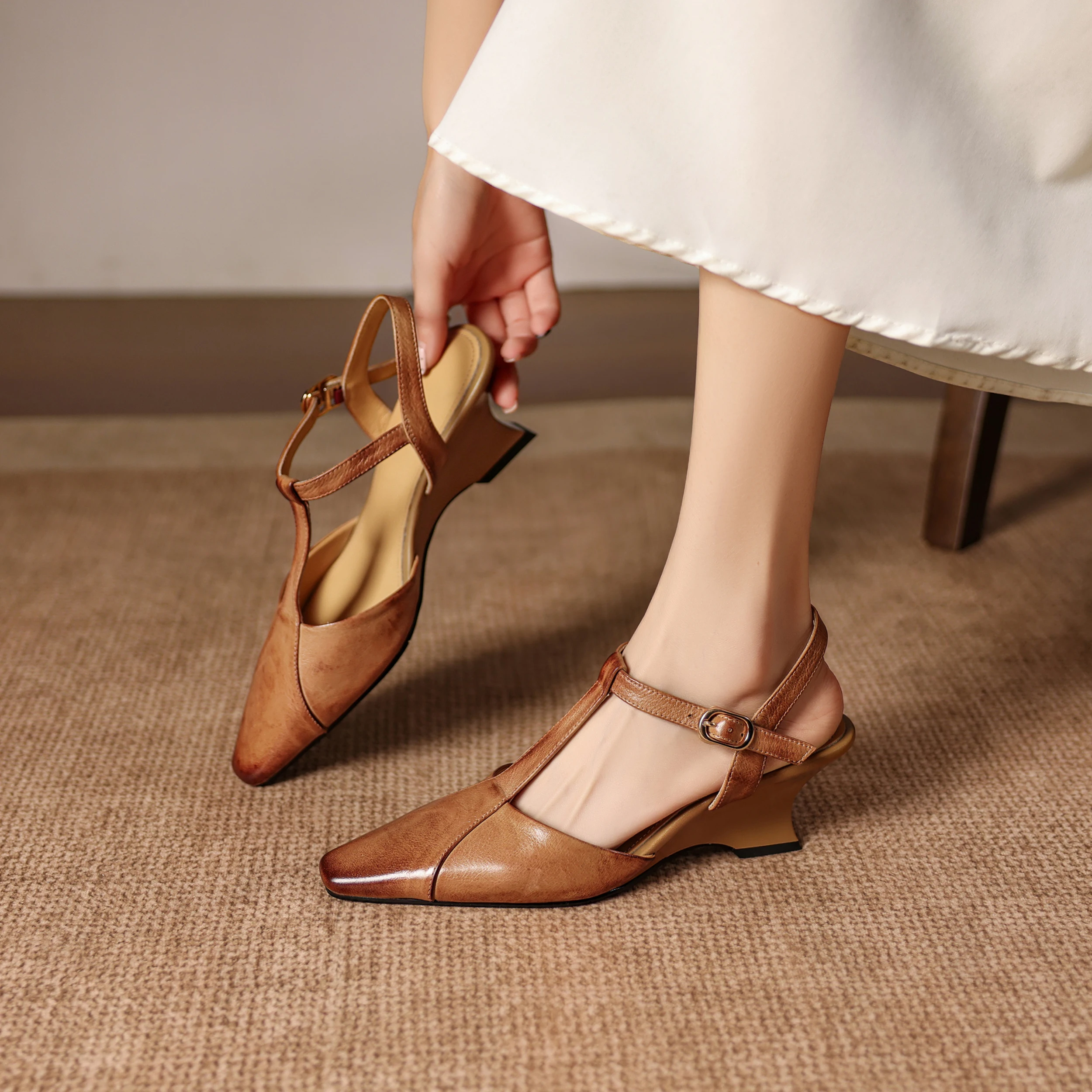 Genuine Leather Cowhide Women's Sandals,Pointed Closed Toe T-Strap Stiletto High Heels, Fashion Party Women's Shoes view 3