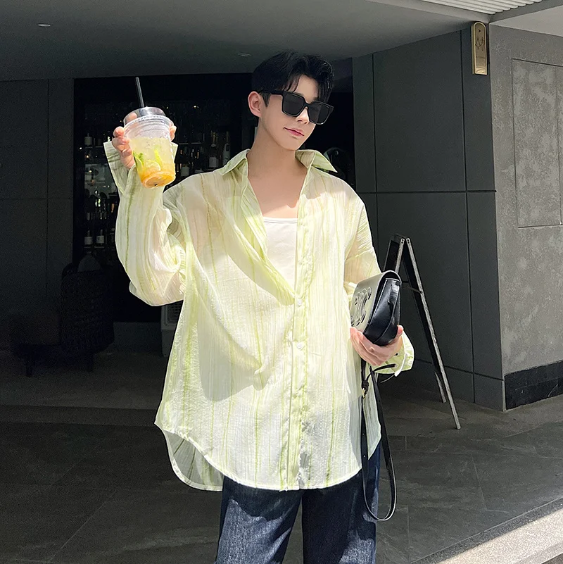 

Men's Summer Thin Breathable Dyeing Shirt Long Sleeve Loose Fit Fashionable Korean Style See through Sun Protection Outerwear