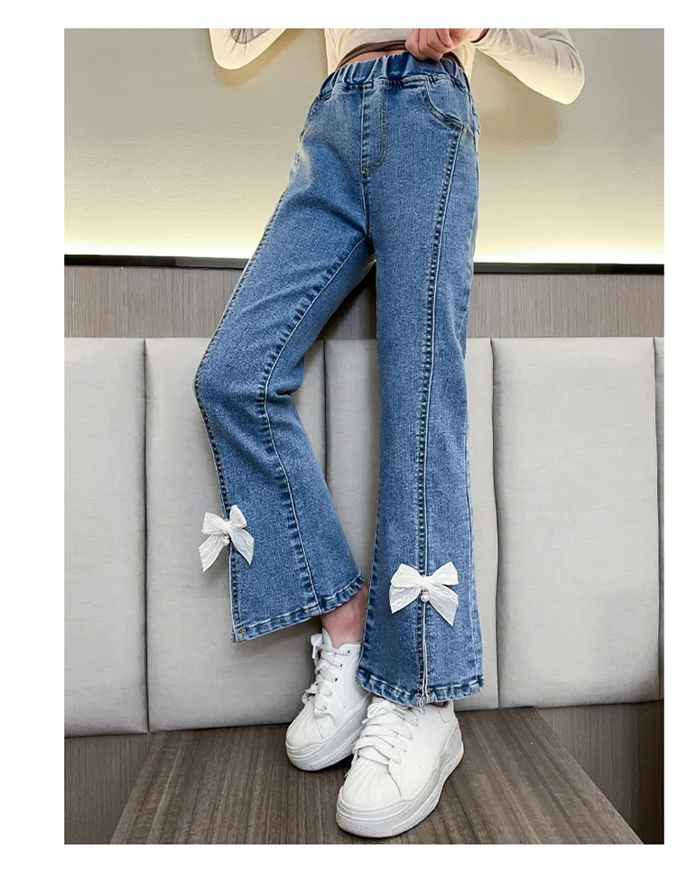 Elegante Kinder-Jeans mit Schlitz und Perlen für Mädchen, schmal geschnittene Denim-Hose mit Schleife, Kinderhose mit Schleife, Größe 5 6 7 8 9 10 11 12 13 14 – Detail 14