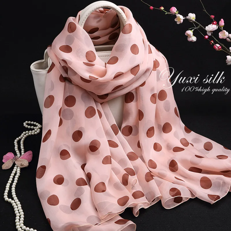 Hoge kwaliteit koffie roze stippen stippen 100% zijde lange sjaal dames lente, herfst en winter zomer