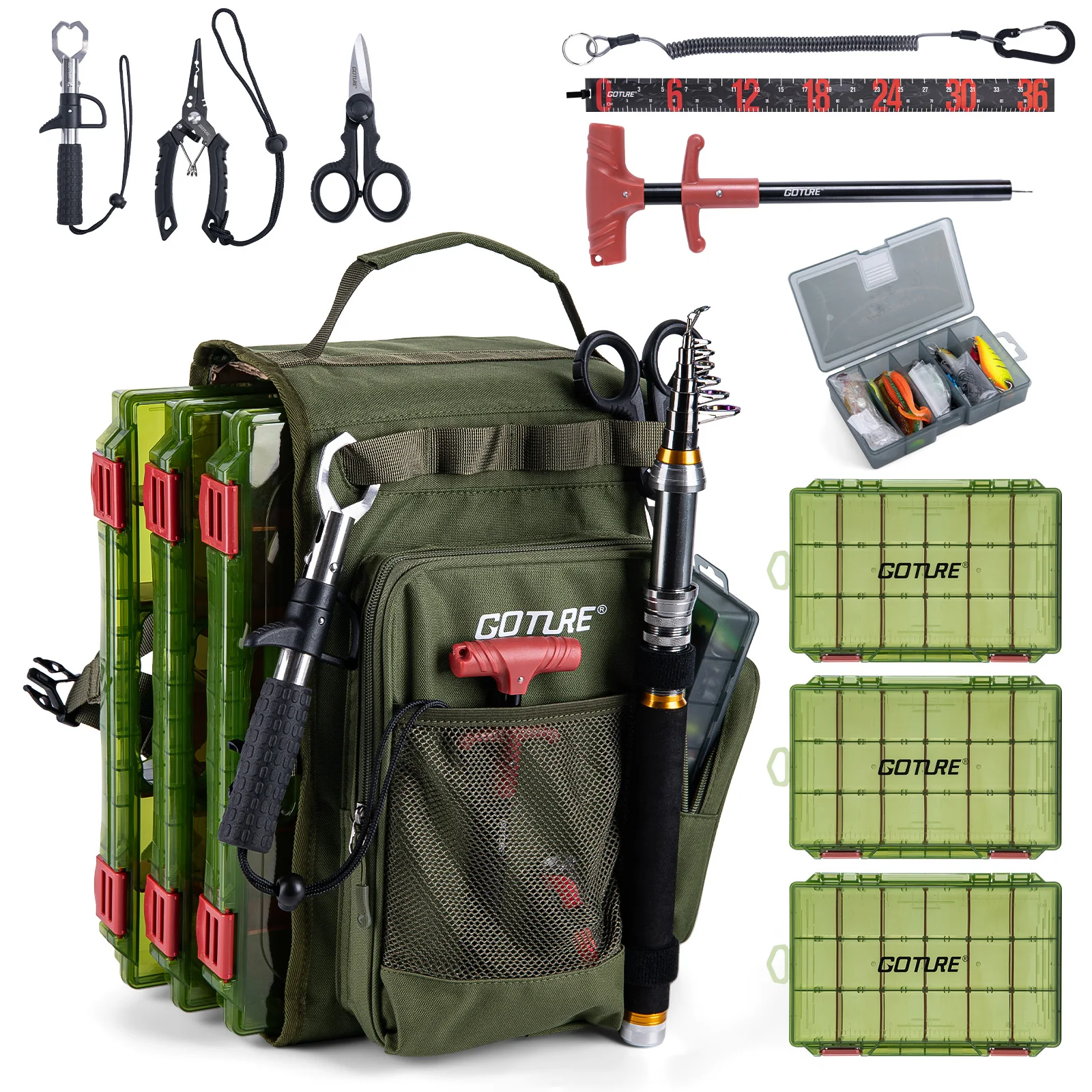 

Goture Fishing Sling Pack Adjustable Backpack, 900D Water-resistance Material, with Tackle Trays, 66pcs Lures Kit, Fish Tools