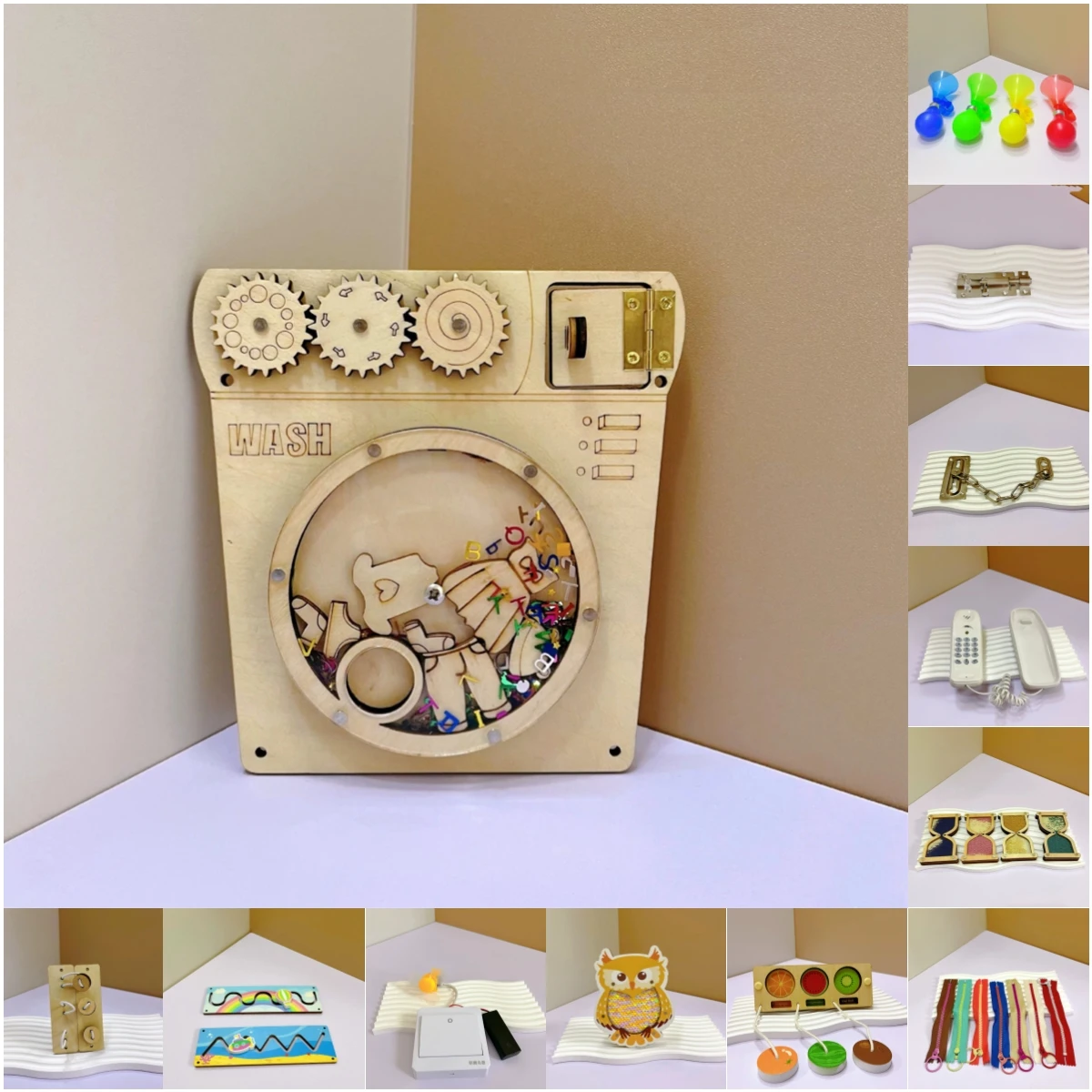 DIY Beschäftigt Bord Montessori Holz Pädagogisches Spielzeug waschmaschine horn licht Windmühle Spiel Beschäftigt Bord Zubehör Spielzeug Kinder