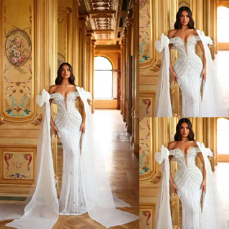 

Свадебные платья с открытыми плечами и кристаллами, модное кружевное платье русалки с бисером длиной до пола, платья de novia по индивидуальному заказу