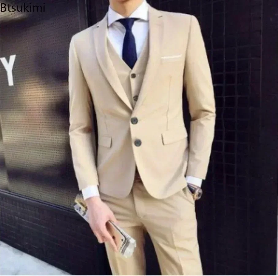 2025 Men\'s Suit Three Piece Sets (Blazers+Vest+Pants) Fashion Solid Slim Business Party Gown Wedding Groom Dress Suit Plus Size