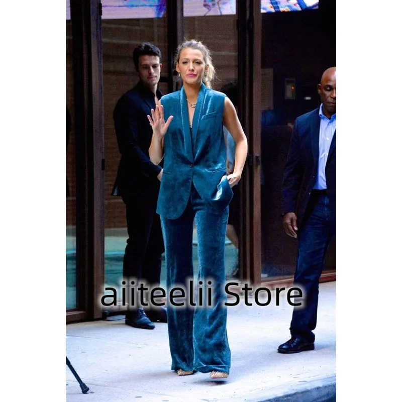 Women's 2 Piece Vest Pant Velvet Luxurious Elegant V Neck Ladies Solid Color Single Button Slim Fit Sleeveless Business Top