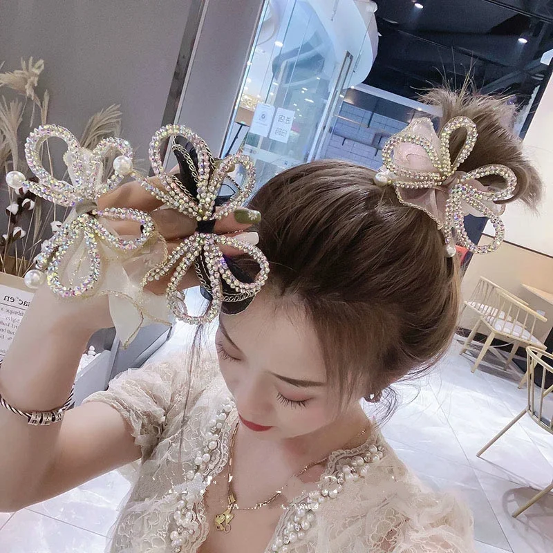 Elegant Large Bow Elastic Hair Bands Fabric Scrunchies Crystal Butterfly Girls Jewelry Rhinestone Headbands for Women Headpiece