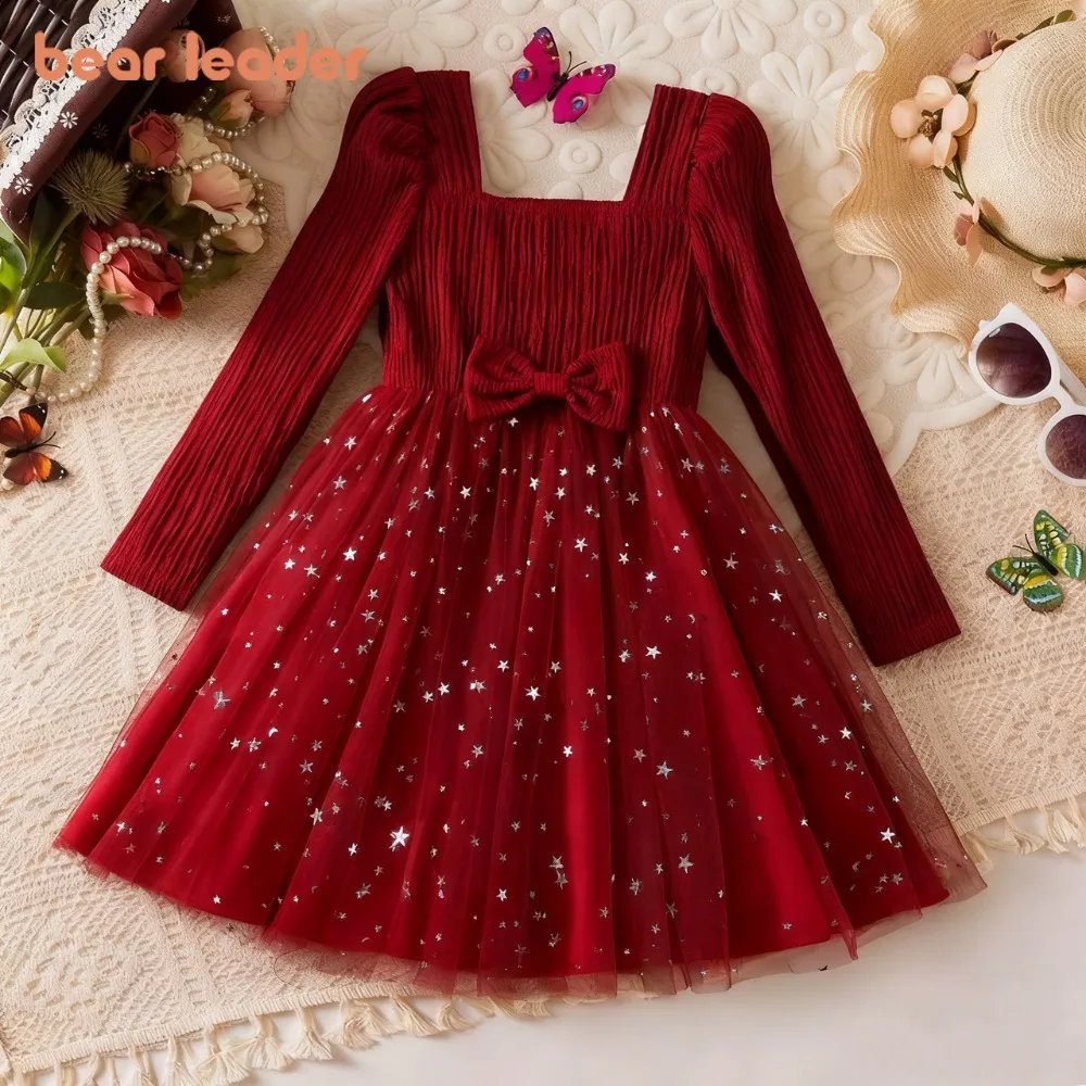 Bear Leader Green Christmas Girls' Dresses with Sequins Bow Decoration, Mesh, Square Collar Long Sleeved Red Princess Dress