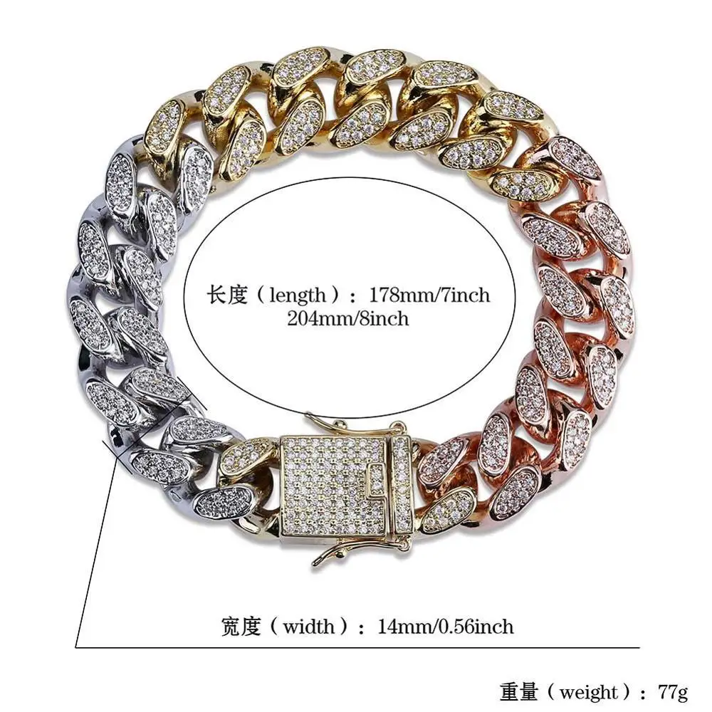 14mm/18MM Hip Hop AAA+ CZ Zircon Bling Ice Out Gradient Color Cuban Miami Link Chain Bracelets for Men Rapper Jewelry Gold