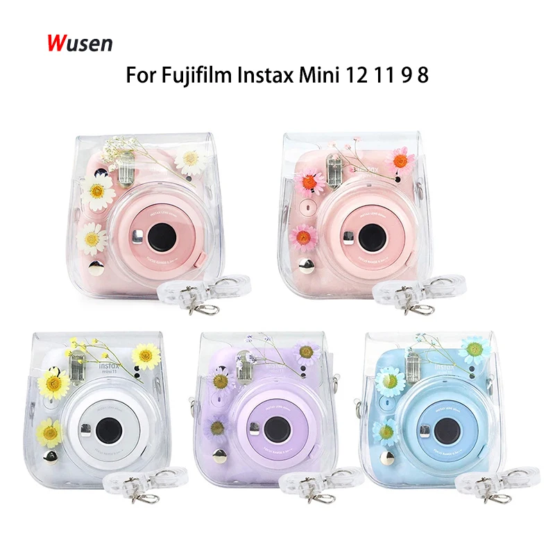 PVC Transparent Daisy camera case for Fujifilm Instax Mini 12 11 9 8 Protective Carry Bag Cover Shoulder Strap Storage Bag