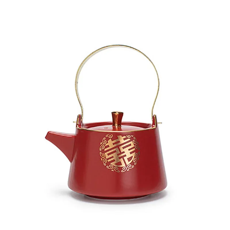 

Chinese Traditional Wedding Decoration Red Teaware Porcelain Kung Fu Teappot Kettle Double Happiness Tea Service Gifts
