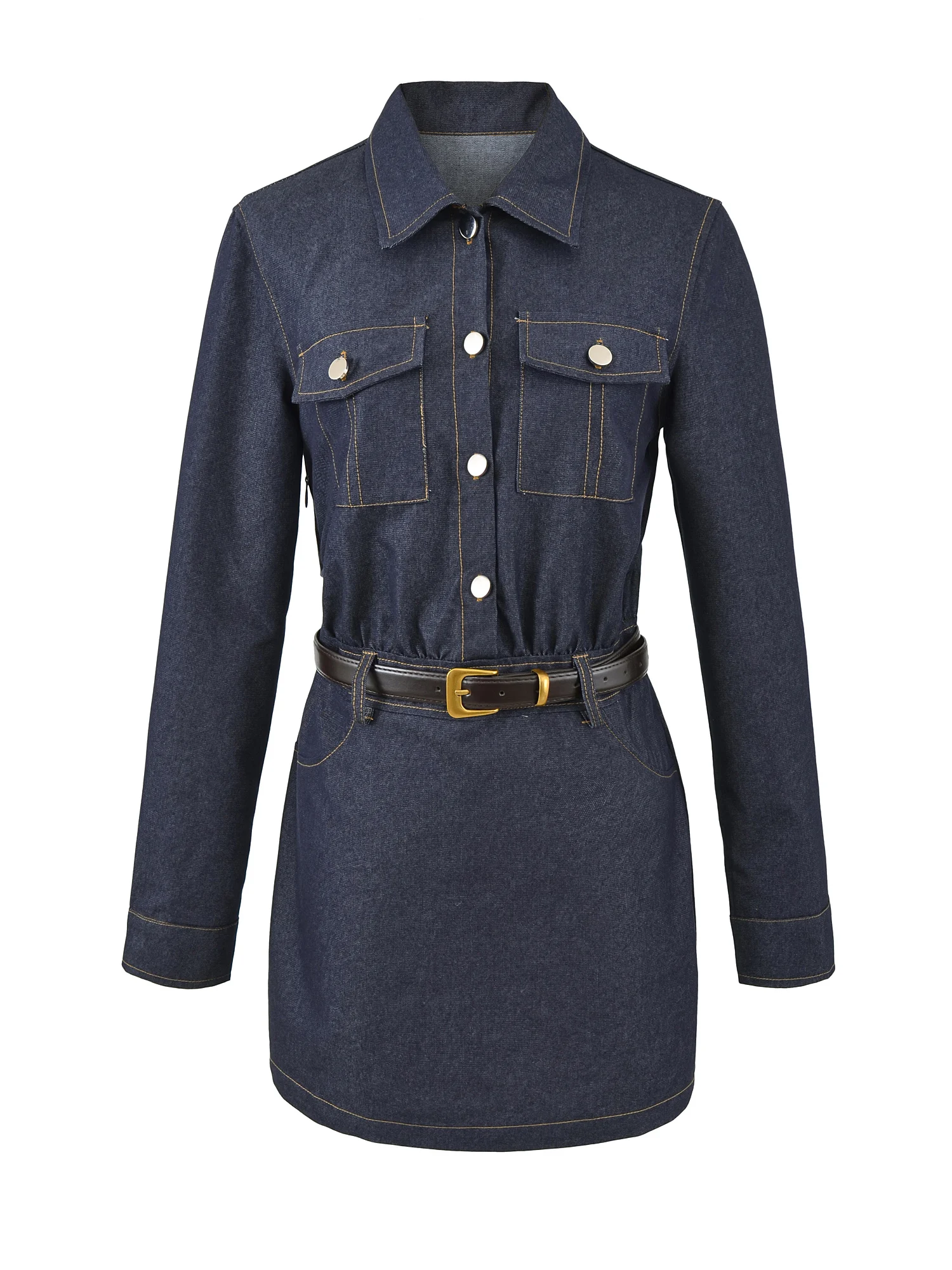 

Sexy Spicy Girl Sle Denim Collar Sve Long Dr Slimming Waist ort Skirt with Belt Women's Faion Spring Season