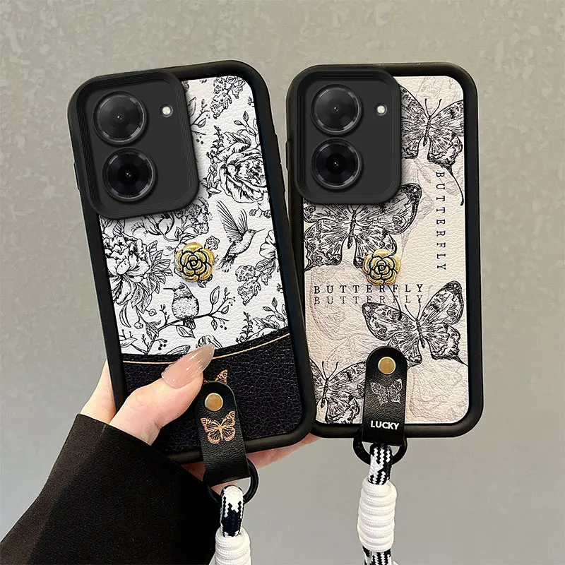 Vintage Kamelie Geprägte Schmetterling Blumen Kunstleder Handyhülle mit Schlaufe für Xiaomi Redmi A5 A 5 4G Poco C71 Rückseite