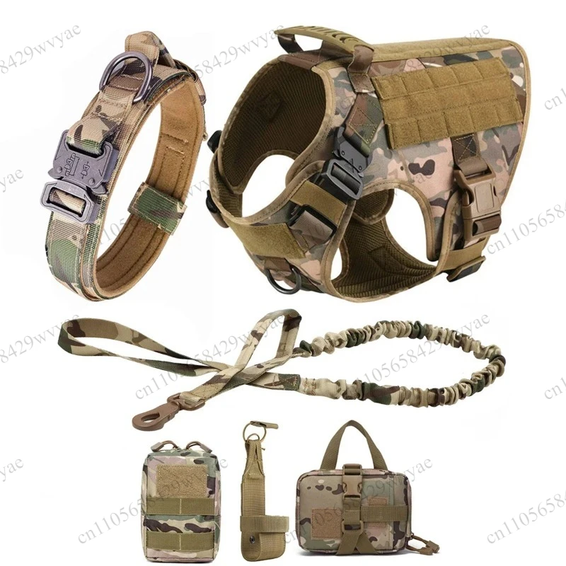 Adjustable Tactical Dog Vest Harness Leash Collar Molle Pouches For Medium Large Dogs Training