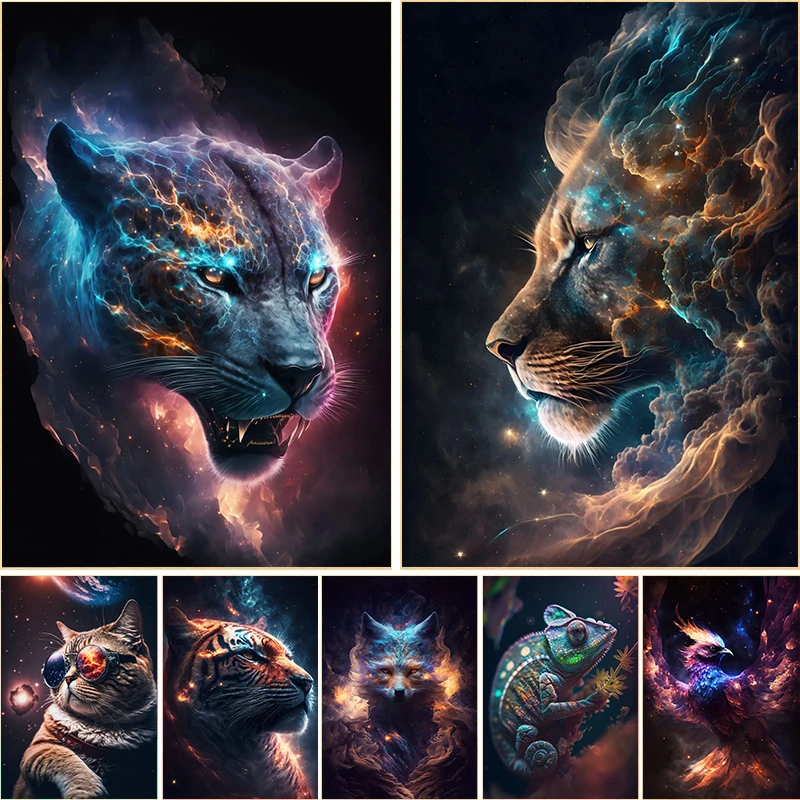 Abstract Cosmic Creatures Elder Dragons Sight Lion Tiger Panther Poster Print Canvas Painting Wall Art Living Room Home Decor