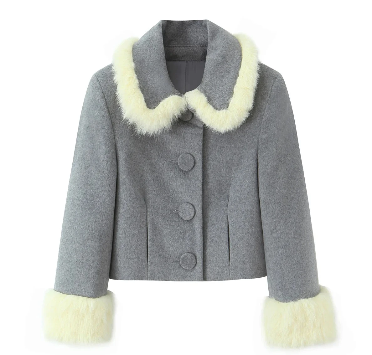 Veste courte à manches longues pour femme, garniture en fourrure, simple boutonnage, manteau d'automne et d'hiver, vêtements d'extérieur