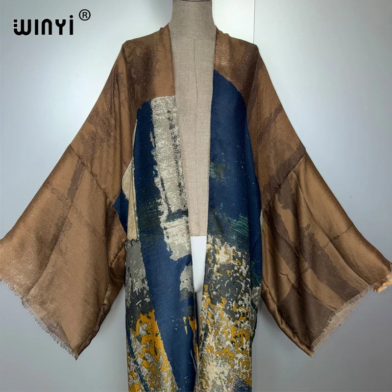WINYI kimono Cardigan con stampa a olio Bikini Cover-up abiti da spiaggia per donna abito in cotone con sensazione caftano musulmano abaya dubai lusso