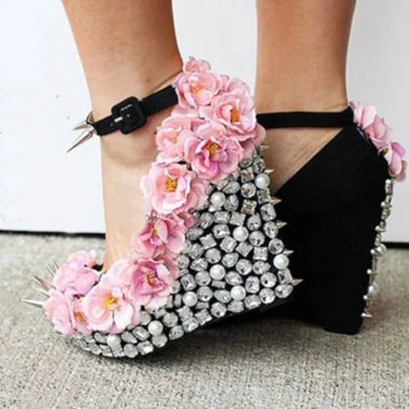 White Pink Flower Rivet Diamond Shallow Pumps Platform Wedge Fashion Sexy Cool Western Summer Woman Shoes Zapatillas Mujer