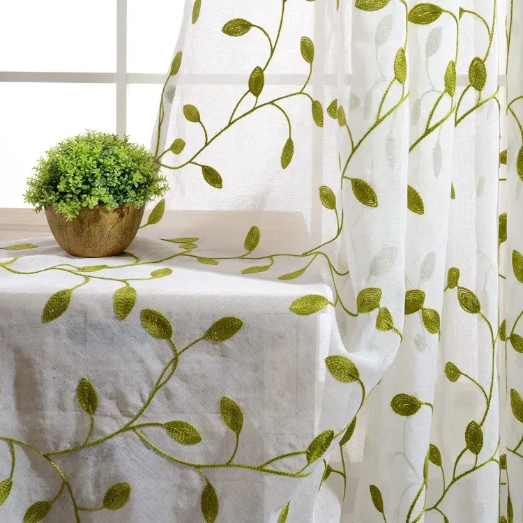 Rustieke Groene Bladeren Geborduurde Gordijnen Pure Tule Blauw met Witte Bladeren Verduisteringsgordijnen Voor Woonkamer Gordijnen WP072 # 4