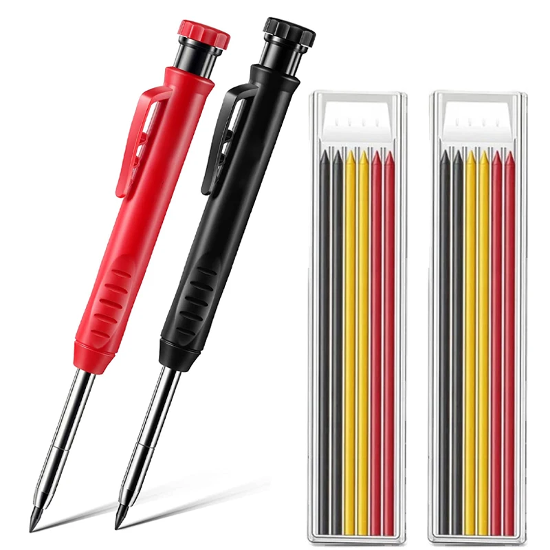 Solid Carpenter Pencil with Refill Leads and Built-in Sharpener for Deep Hole Mechanical Pencil Marker Marking Woodworking Tools