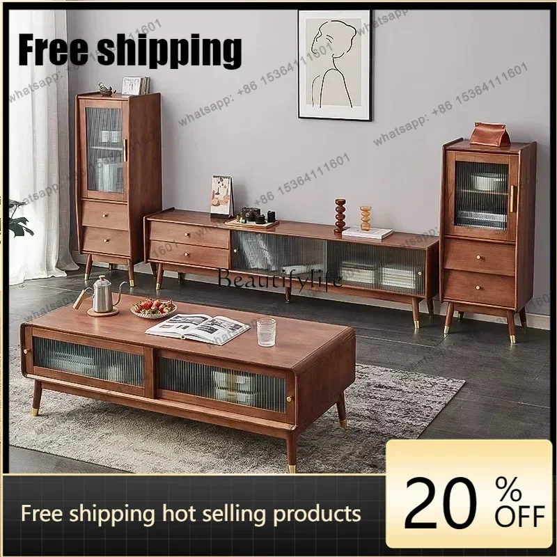 HJ  All Solid Wood Living Room Coffee Table Nordic Light Luxury Small Apartment Coffee Table Bedroom Storage High