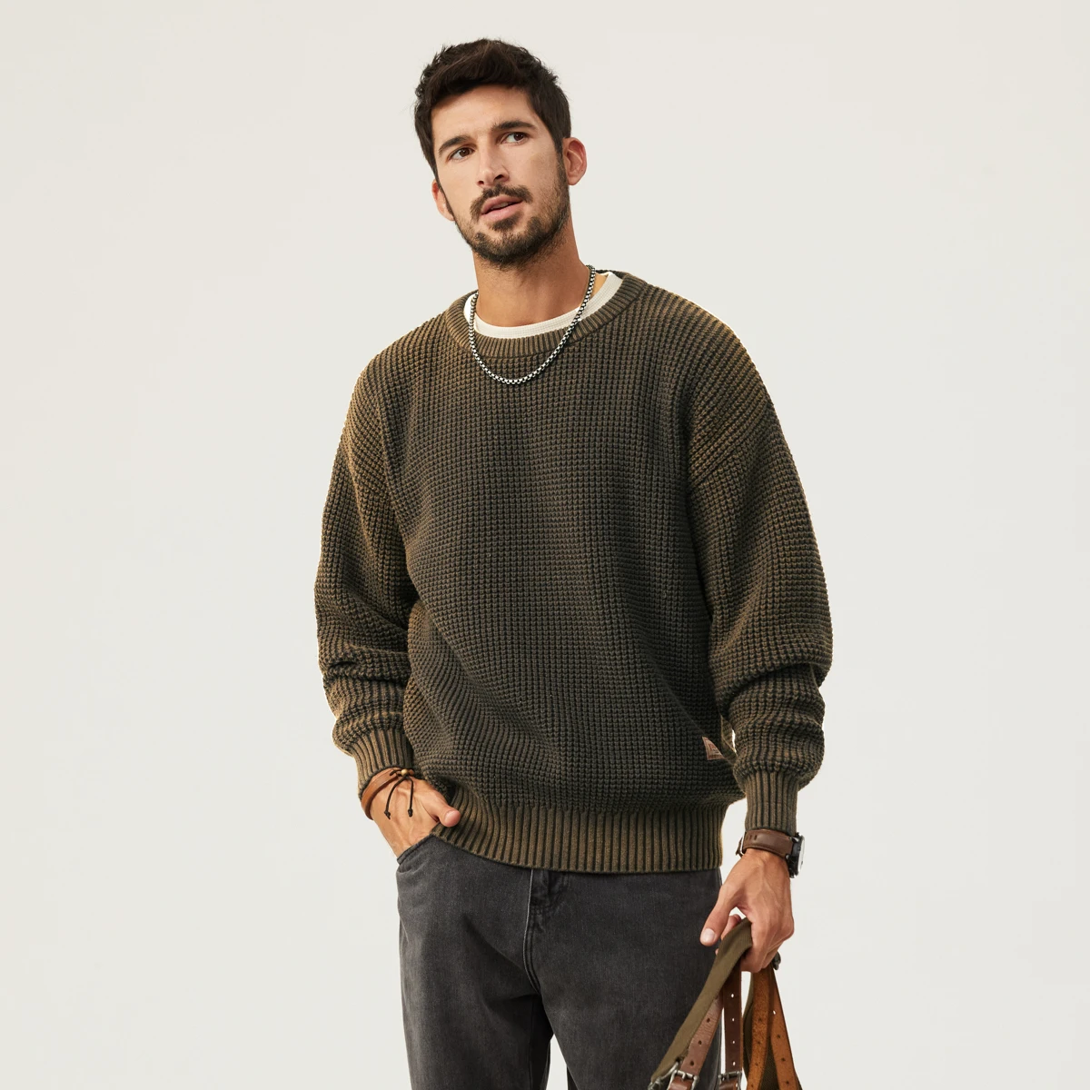 American Fashion Retro Round Neck Sweater Men's Gradient Knitted Sweater Pullovers Plus Size Loose Autumn Winter Tops American