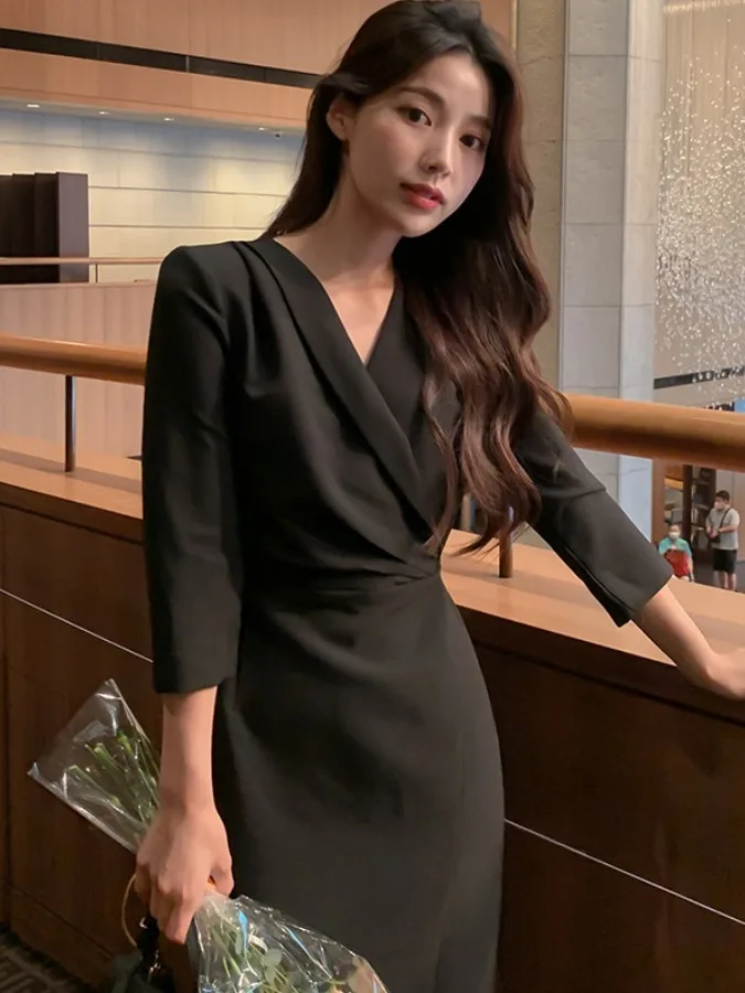

Ele Spring New Sle Slimming Wrap around Midi Dr Suit Casual Chic Waist Cinched Split Personali Women's Dr