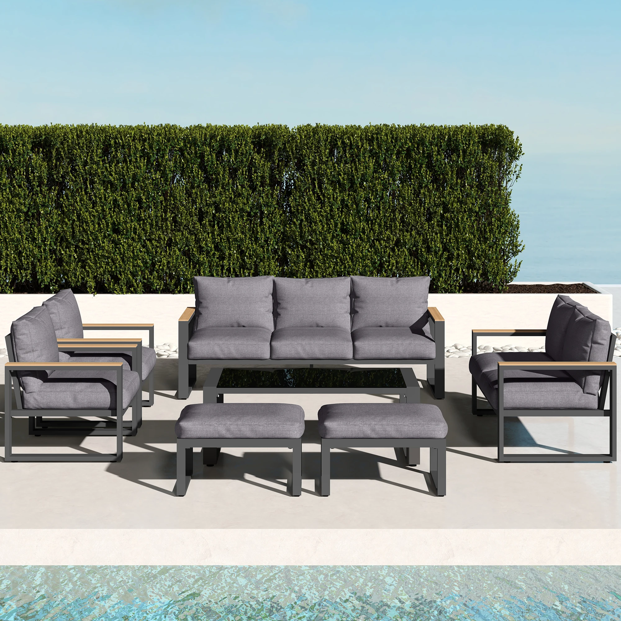 

Комплект садовой мебели из 7 предметов: всепогодный плетеный диван и стол, коричневый или серый комплект для отдыха на открытом воздухе с кофейным столиком