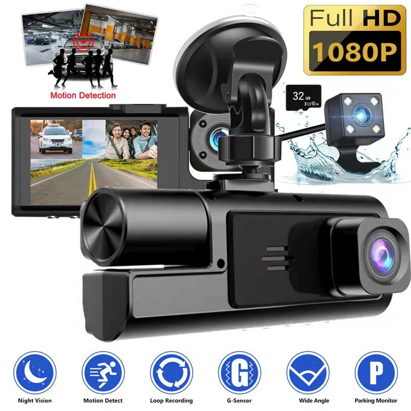1080P HD Triple Channel Car Dash Cam, Front Rear Inside 3-Way Recording With 2-Inch Display, Night Vision, Loop Recording, G-Sensor Collision Lock, 32GB Memory Card, Universal Vehicle Recorder Auto Accessory