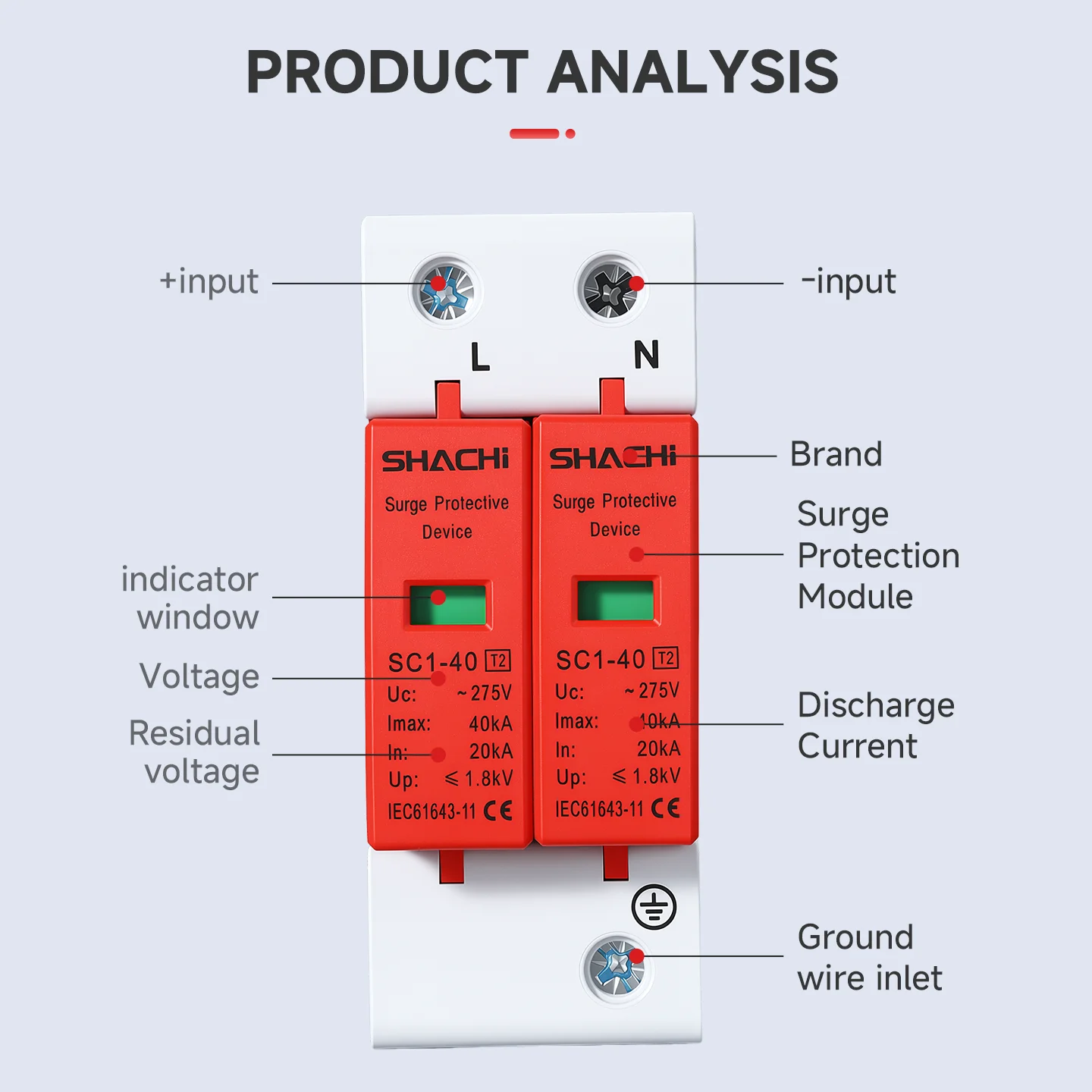 SHACHI AC SPD Lightning Surge Protector 1P 2P 3P 4P 20-40KA 30-60KA 275V 385V Low Voltage Arrester for House Protection