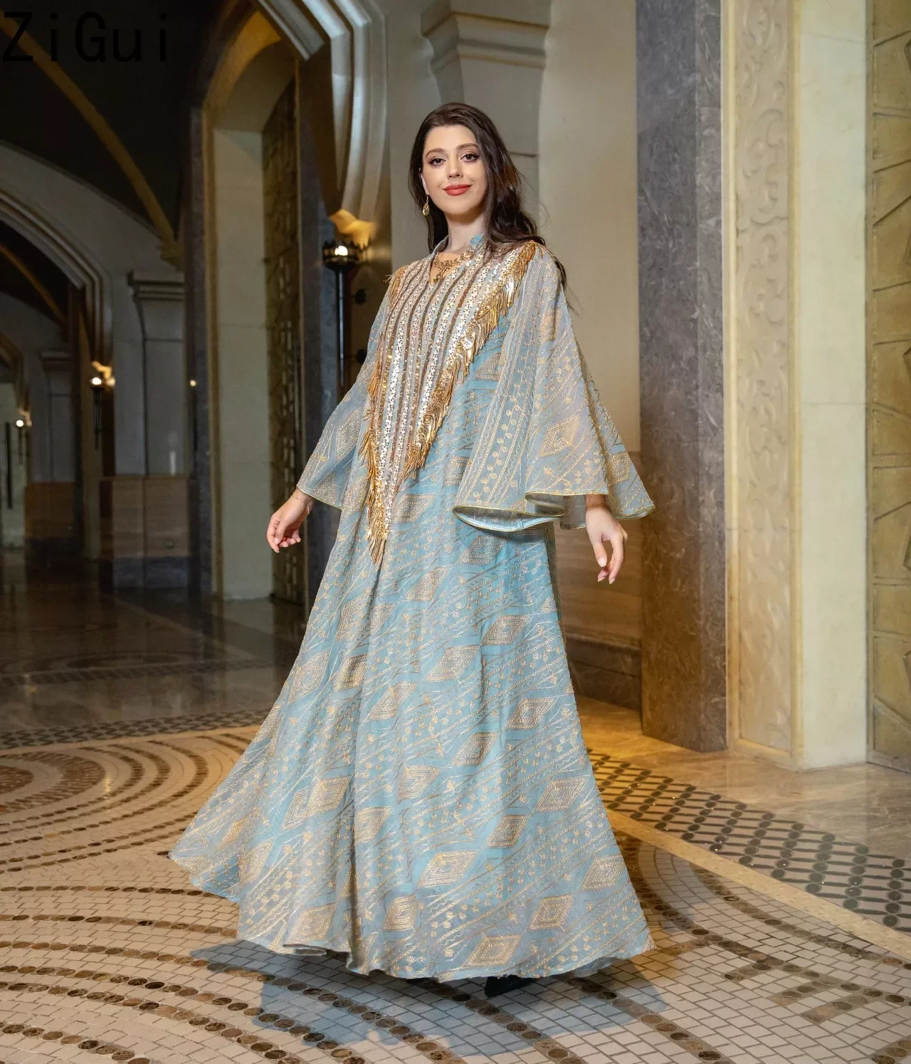 Zigui Jalabya Arabic Dress Women Sequin Tassel Kaftan Long Sleeve Mesh Embroidery Flare Sleeve Muslim Abaya Dress Dubai