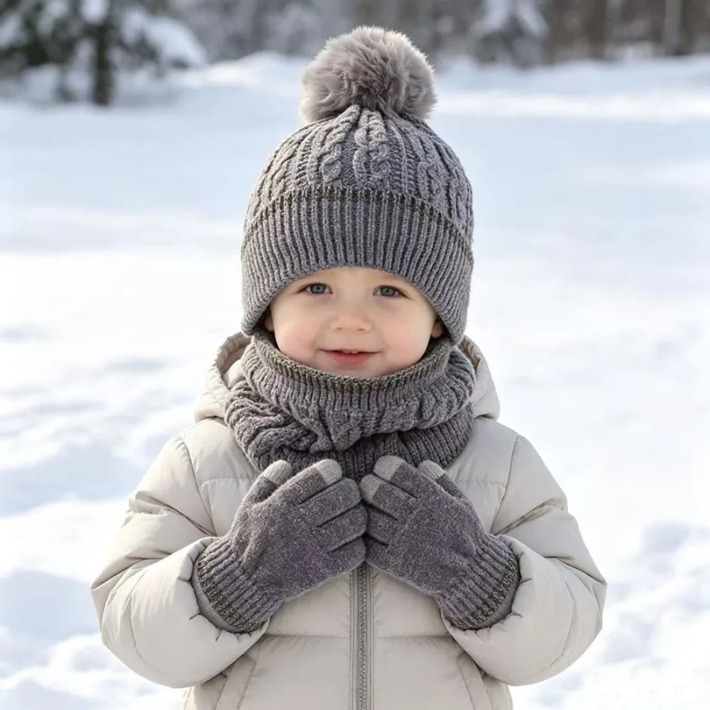 Warm Thicken Knitted Hat Set Windproof Toddler Winter Hat Knitted Three Piece Set Winter Hat Scarf Gloves For Children