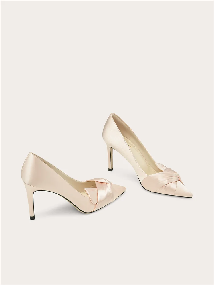 Spring New Pointed Shallow Mouth Satin Twisted Single Shoes Banquet Large Size Small Size Widening High Heel Women's Shoes