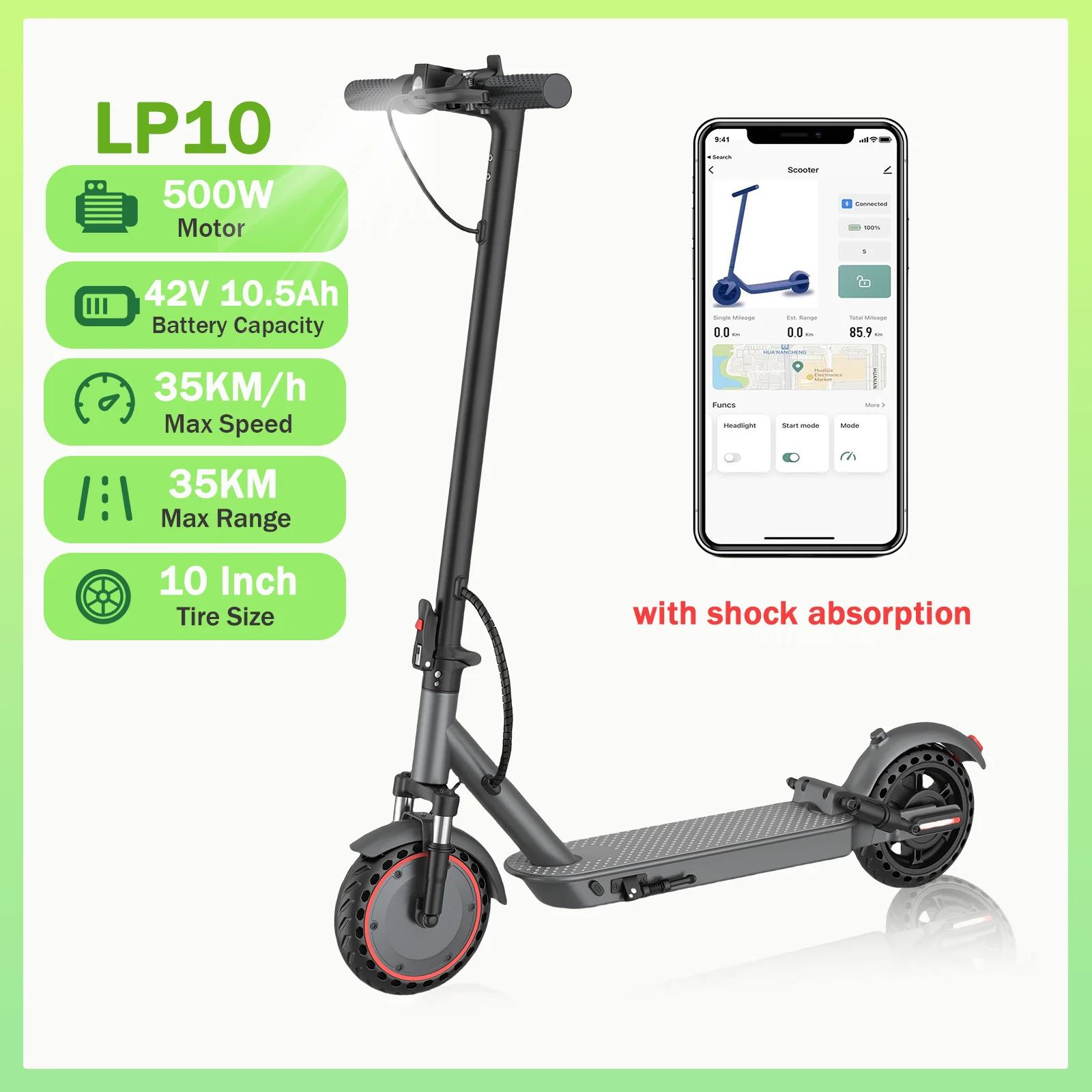 AOVOPRO LP10 Elektrische Scooter Krachtige Motor 42V10.5Ah 30 ° Klimgereedschap voor 35 km lange afstanden, 10 inch wielen met schokdemping, slim opvouwbare e-scooter