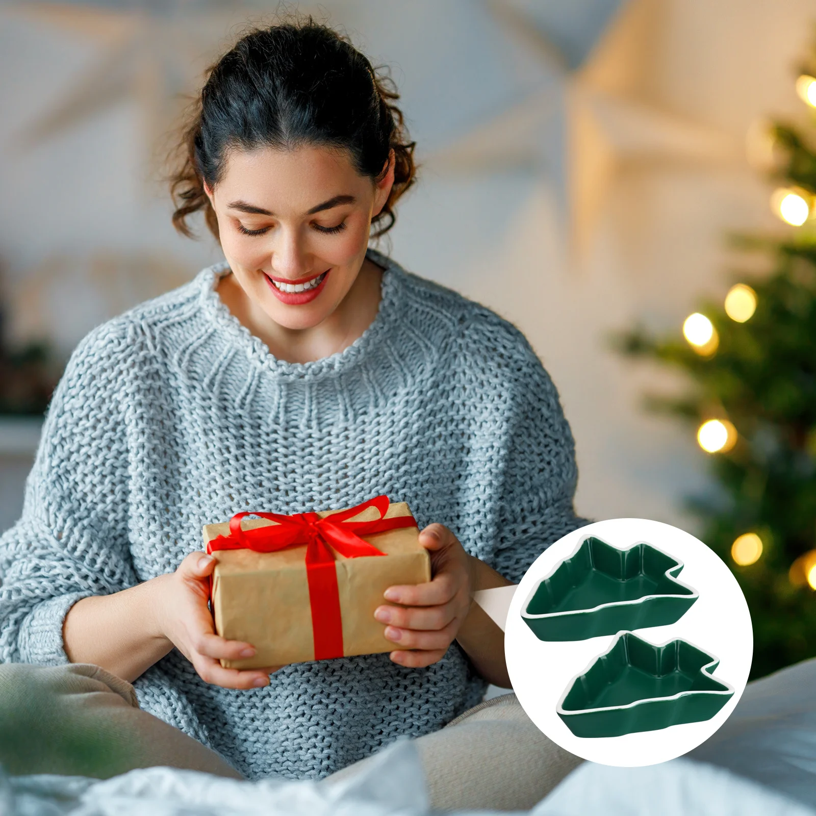 

2Pcs Multifunction Ceramic Snack Trays Christmas Tree Shape Candy Dry Fruit Plates Longlasting Household Restaurant Containers