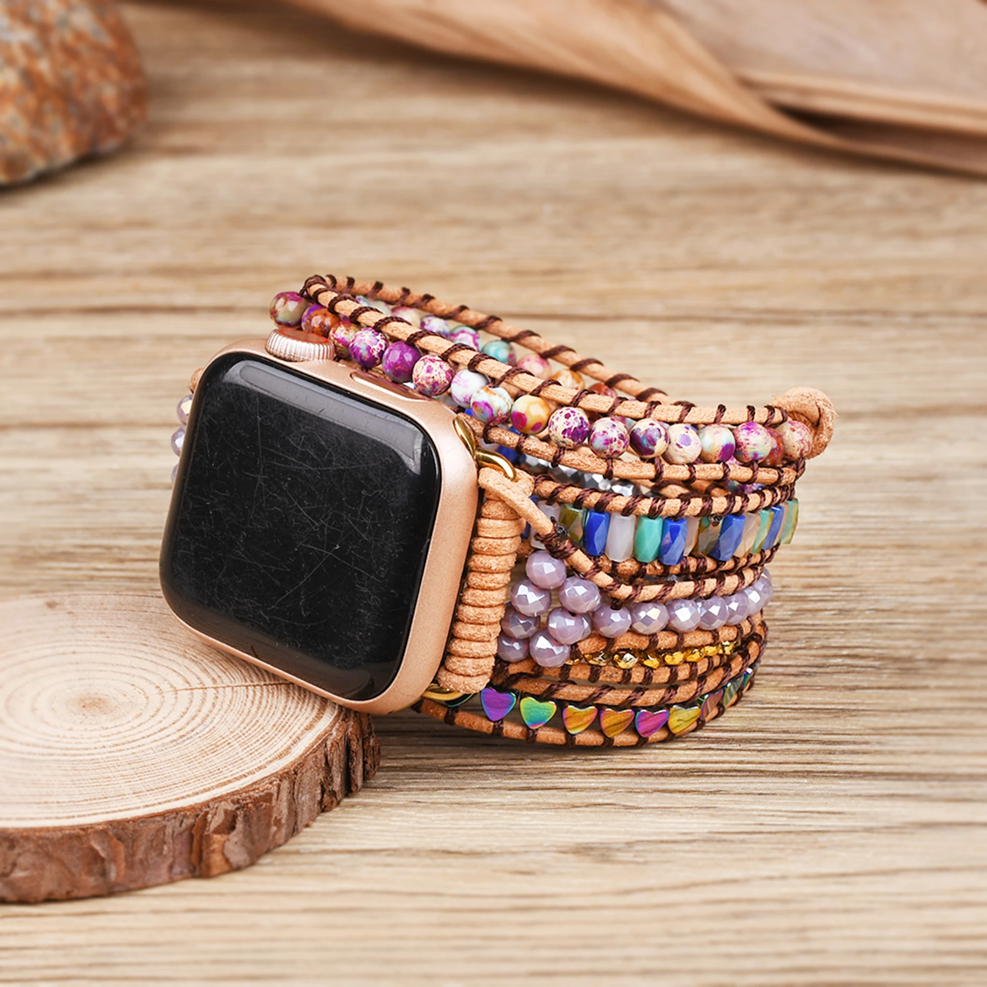 Bohemia Imperial Jasper Apple Watch Strap Gemstone Beads Watch Band 38mm/45mm 5 Layers Wrap Jaspers Beaded Bracelet Strap