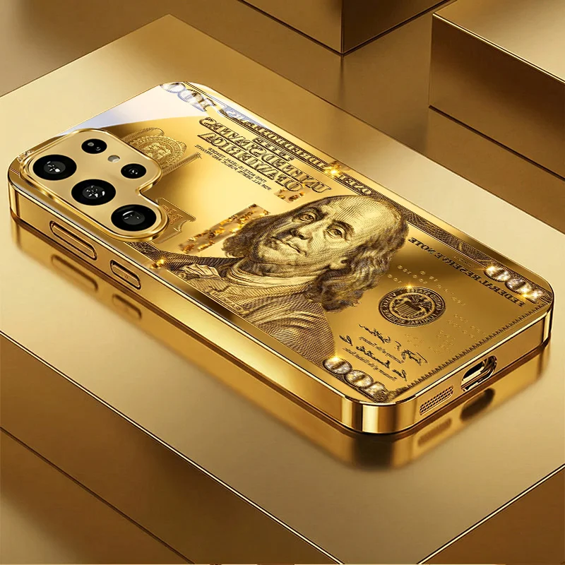 Golden Dollar Bill Fashion Exquisite HD glass phone case for Samsung Galaxy S26 S25 S24 S23 S22 FE,Ultra,Plus Dropresistant