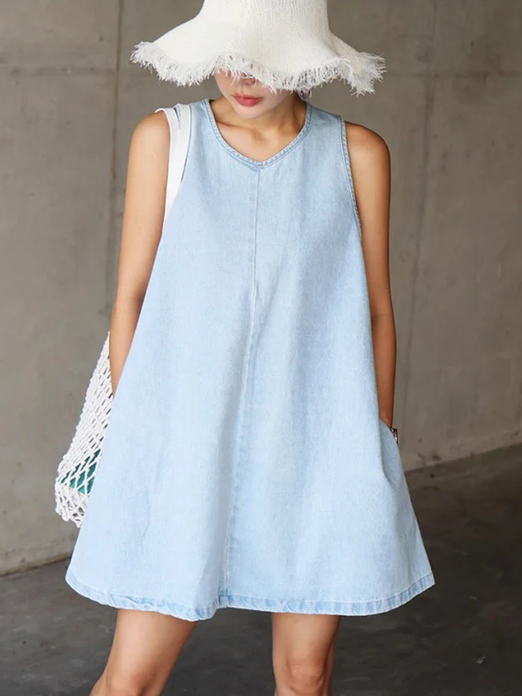 Liangliang Women's Summer New Sle Denim Vest Dr V-ne Svel A-line Skirt Korean Sle Loose Waist ort Dr