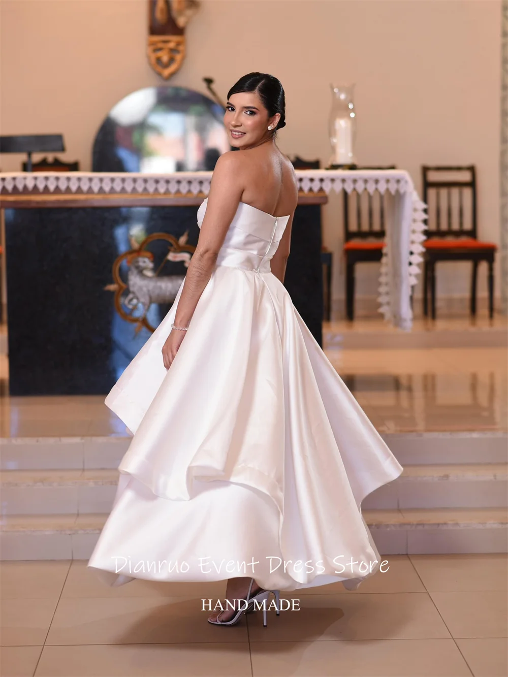 Dianruo Asymmetrisches A-Linien-Hochzeitskleid, minimalistisch, schick, Vestido De Noiva, glamouröses, trägerloses, gerafftes Abendkleid, individuell gestaltet