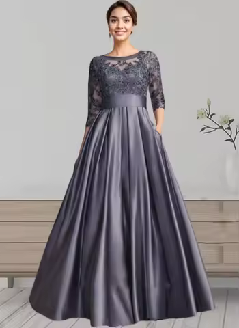 Mother of The Bride Dresses for Women 3/4 Sleeves Long Satin Lace Formal Evening Dress