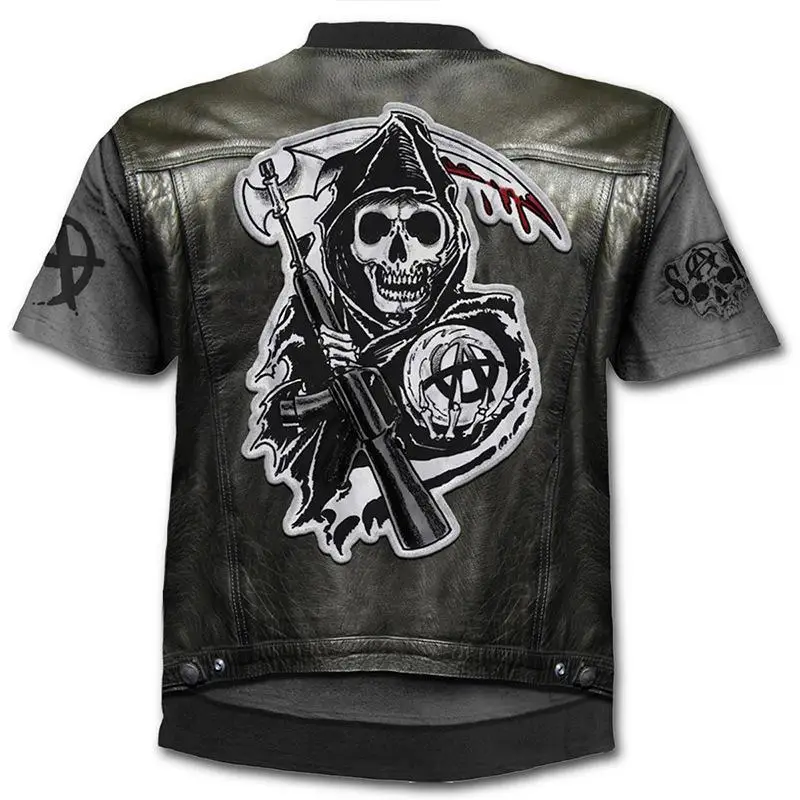 New retro street punk motorcycle men's T-shirt 3D shirt casual fashion hip-hop horror short sleeved round neck men's clothing image 2