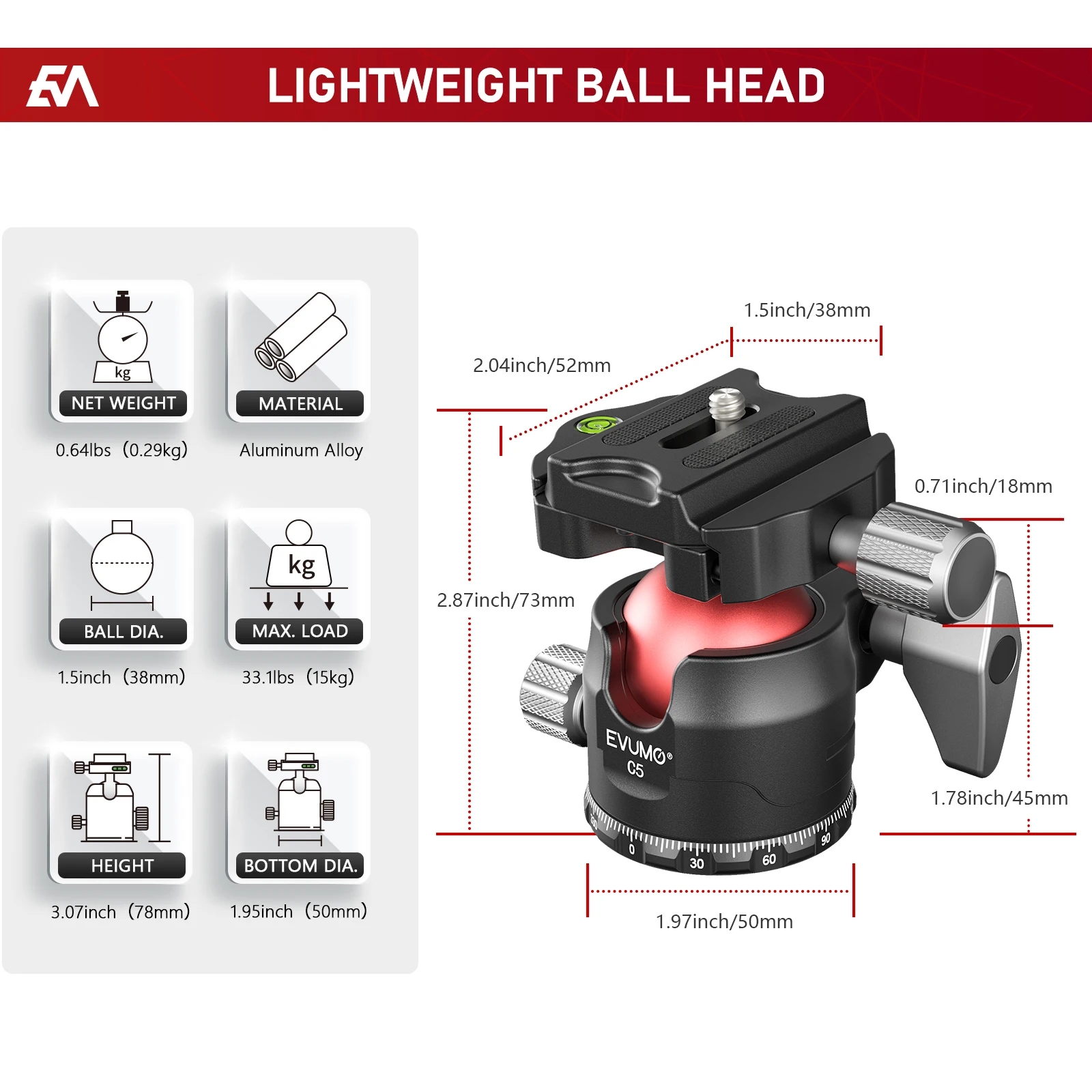 EVUMO C5 Professional Ball Head 38mm Big Ball Head 360° Panoramic Full CNC  Low Profile Arca Swiss Plate Tripod Head for Camera