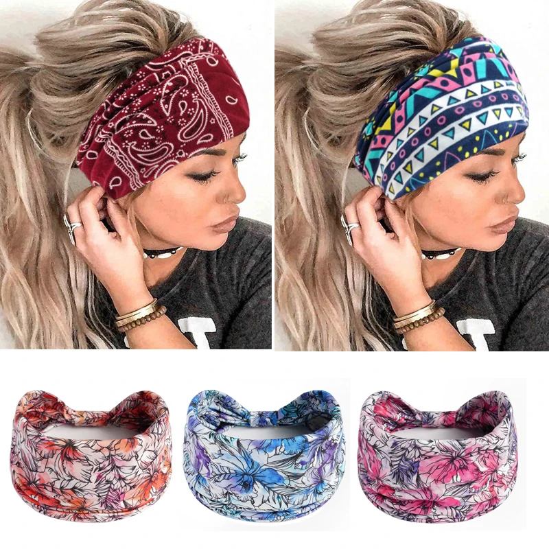 2023 Boho Flower Print Wide Headbands Vintage Knot Elastic Turban Headwrap for Women Girls Cotton Soft Bandana Hair Accessories