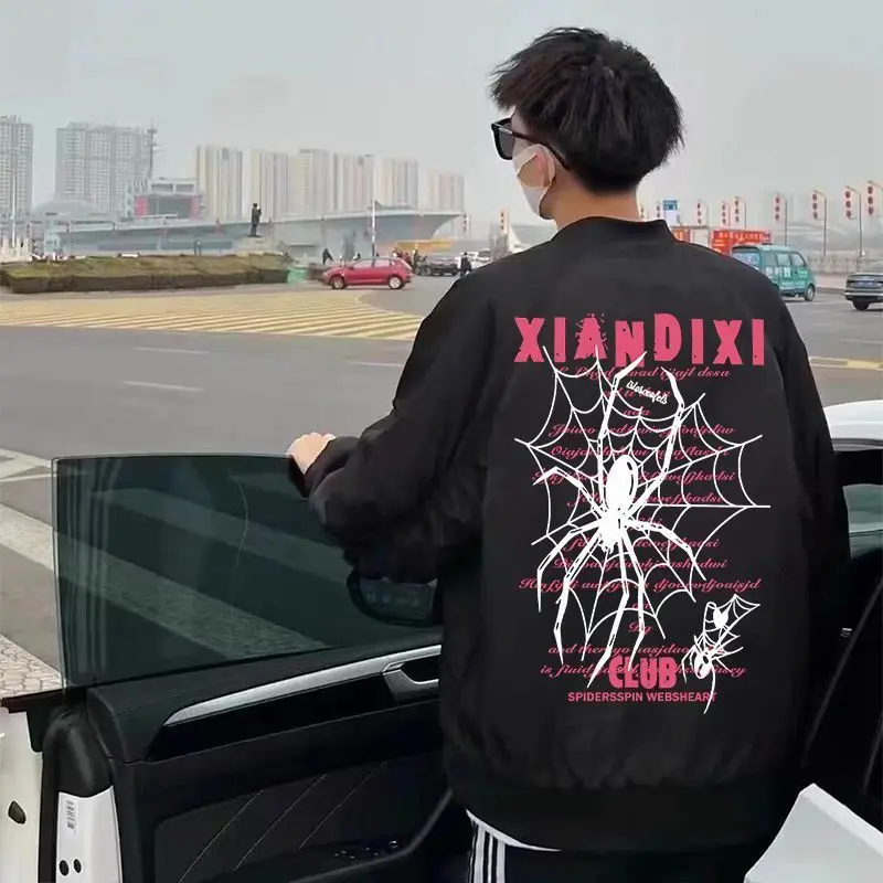 جاكيت بيسبول أمريكي عصري بطباعة العنكبوت للجنسين، ملابس خارجية للربيع والخريف، مقاس قياسي، أكمام طويلة، إغلاق بسحاب #4